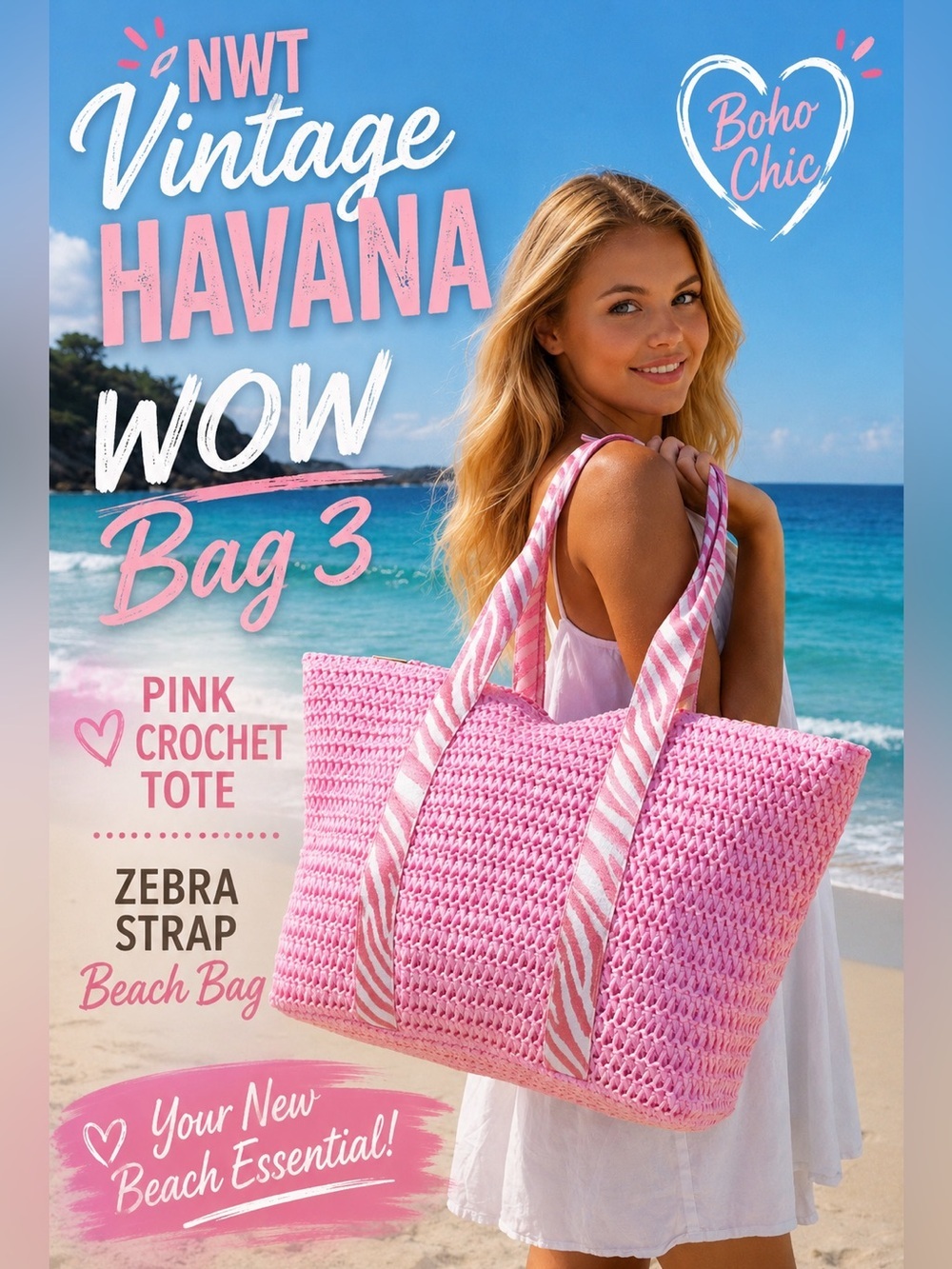 NWT Vintage Havana WOW Bag 3 Pink Crochet Tote Zebra Strap Beach Bag Boho Chic